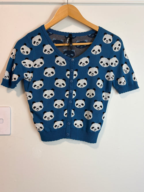 Dangerfield Panda Print Knit Short Sleeve Cardigan Blue Size 8 - Image 1