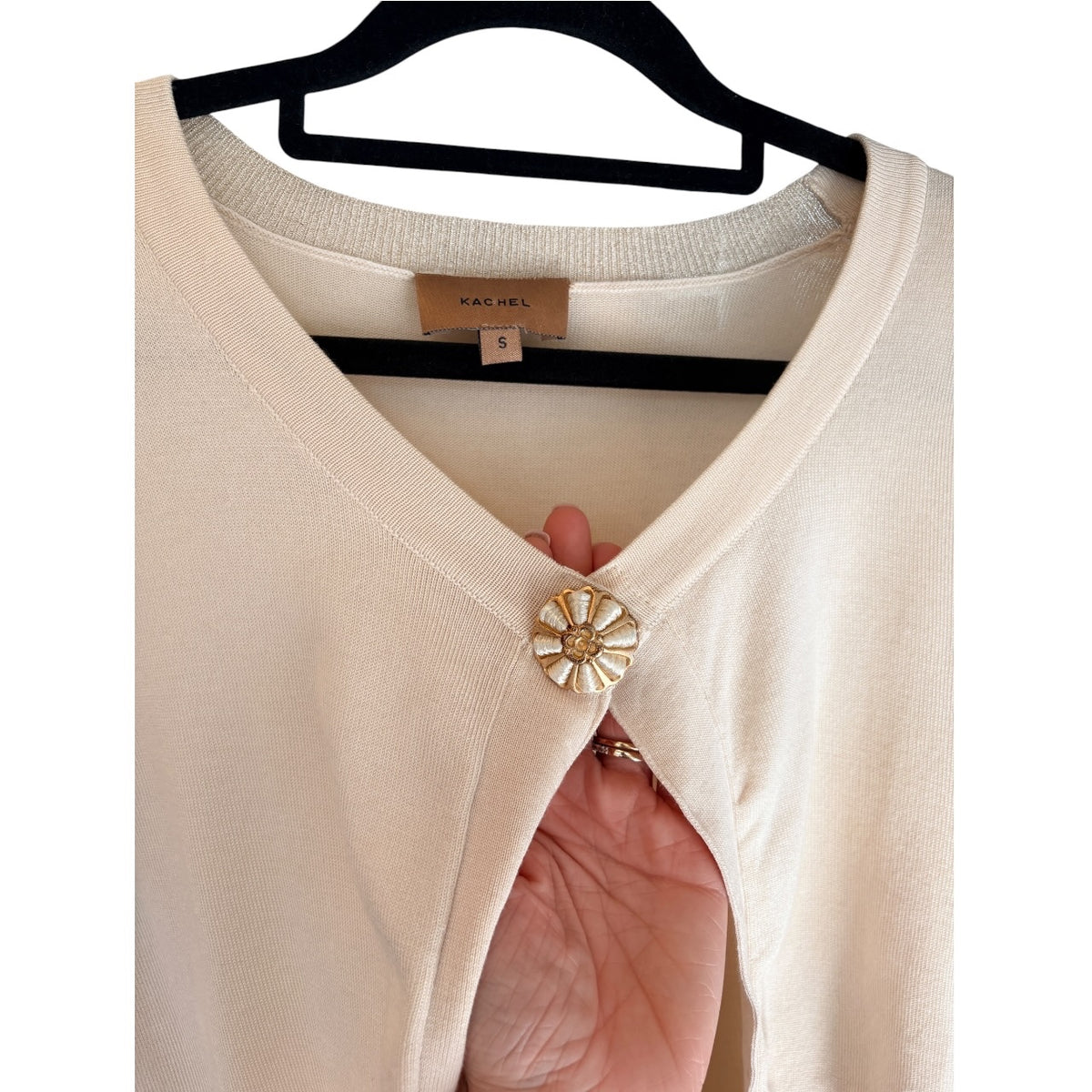 Kachel Cream Shimmer Cardigan Decorative Button Women's Size S - Image 2