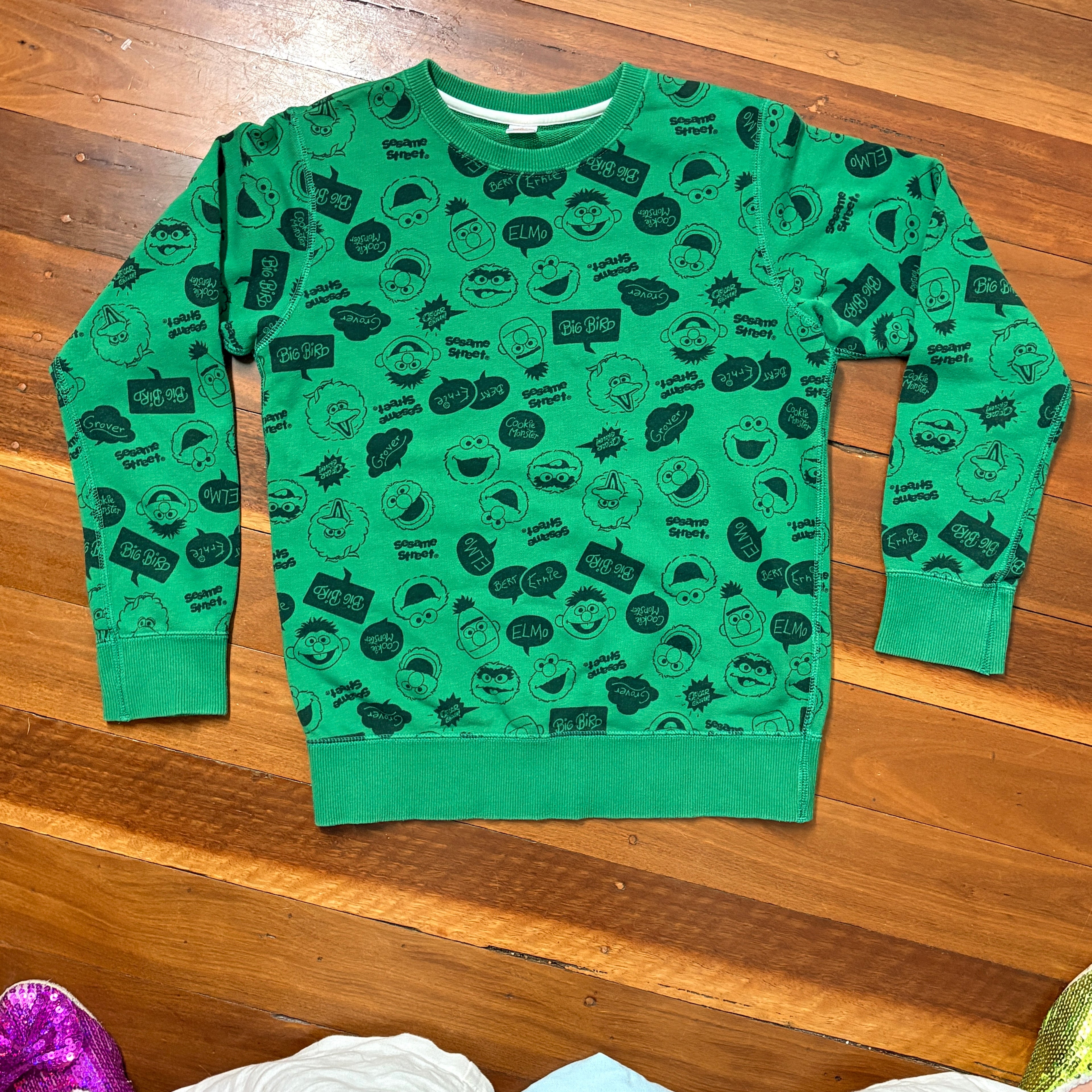 Uniqlo Sesame Street Character Print Sweatshirt Green Kids 140 - Image 5