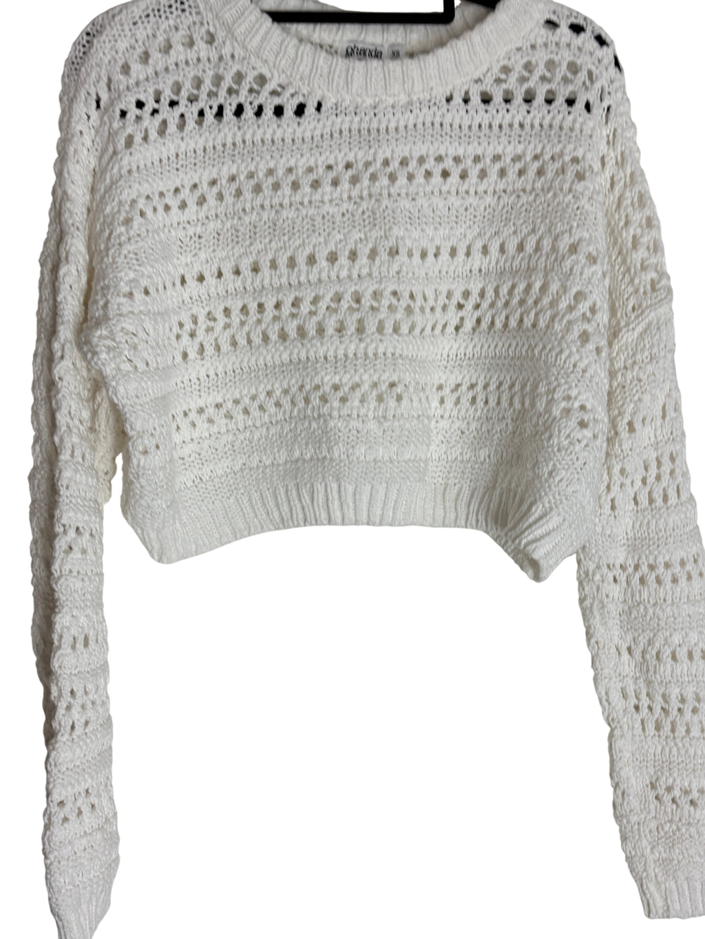 Ghanda Crochet Knit Long Sleeve Crop Top White XS - Image 1