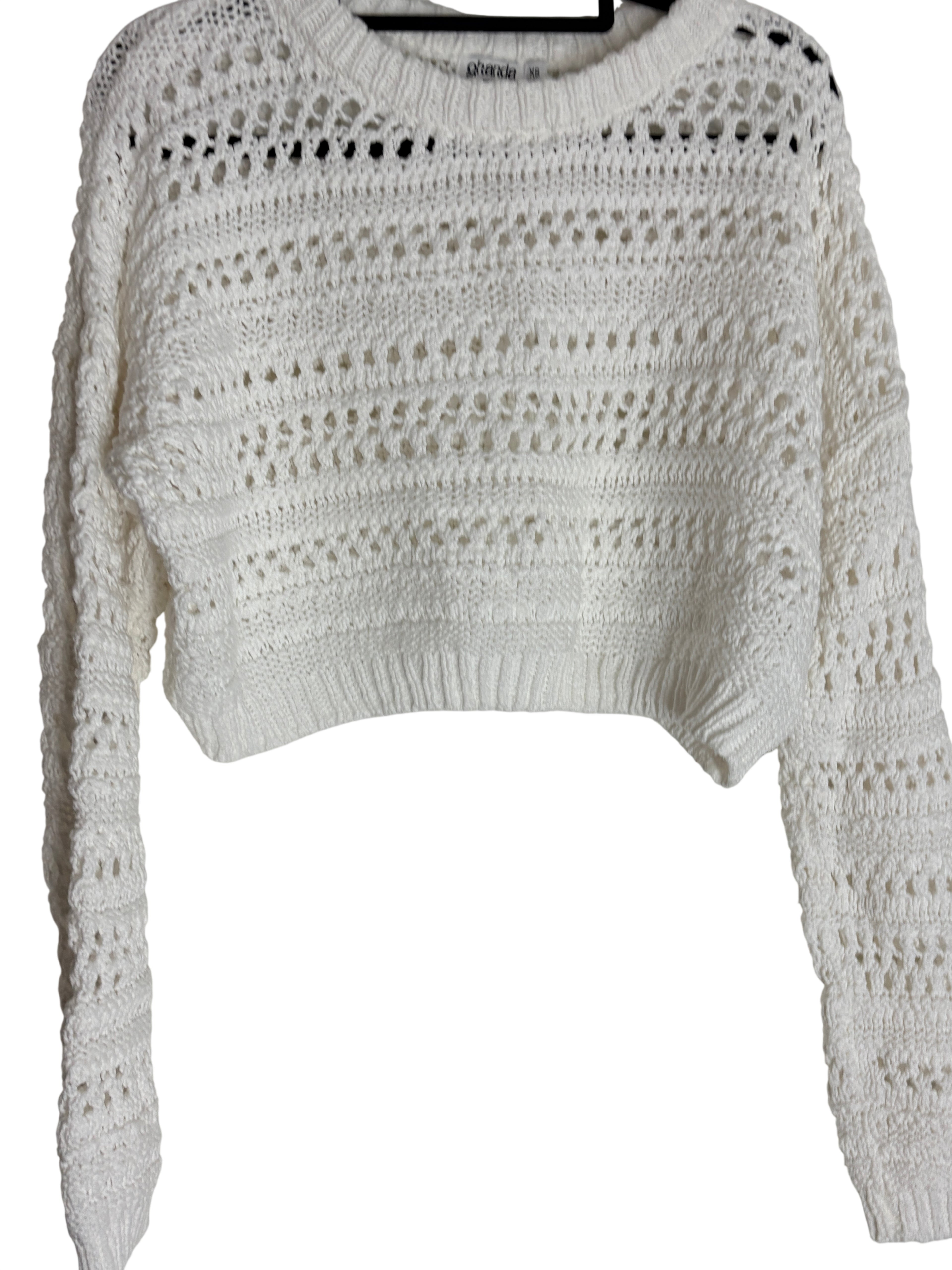 Ghanda Crochet Knit Long Sleeve Crop Top White XS - Image 1