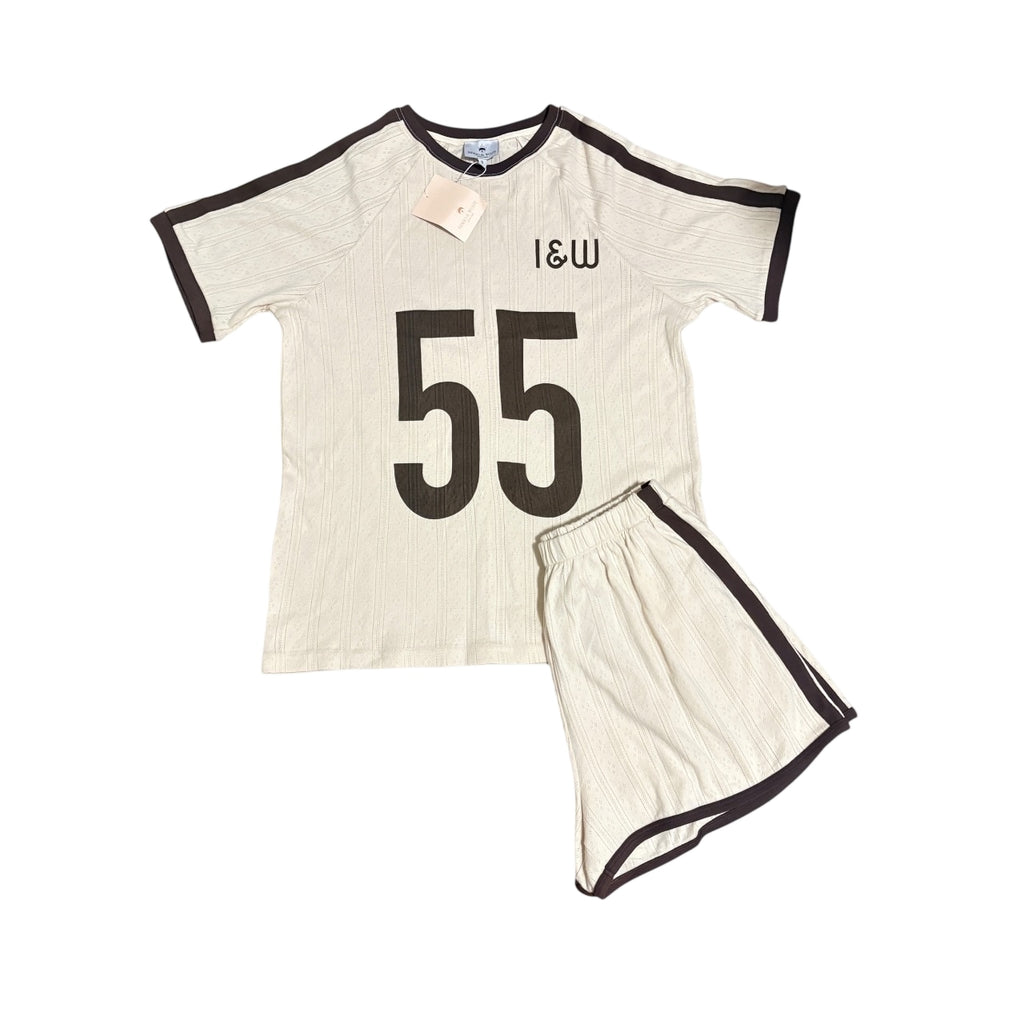 Indigo & Wolfe Lounge Set Cream & Brown '55' Print Size S - Image 1