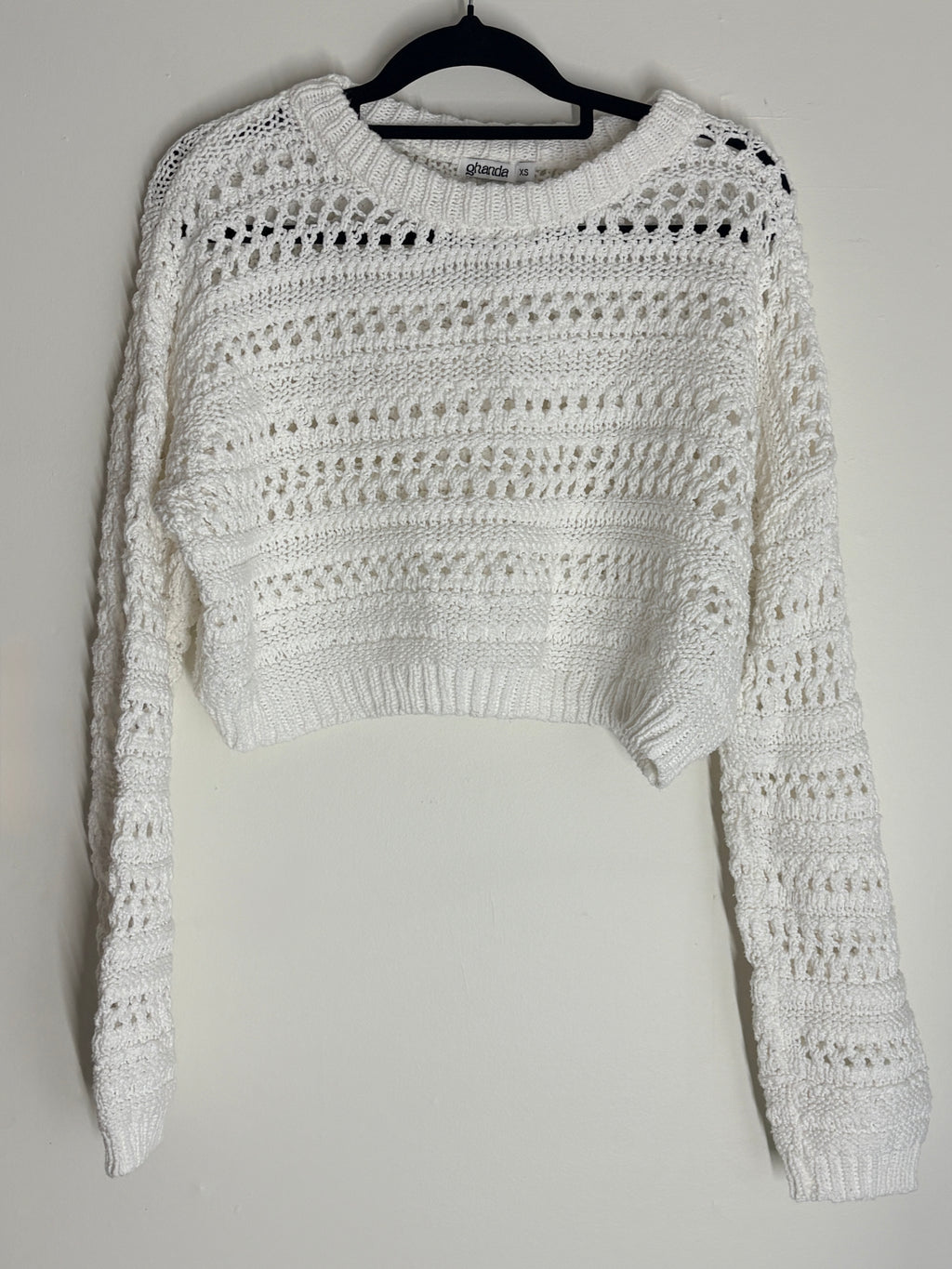 Ghanda Crochet Knit Long Sleeve Crop Top White XS - Image 5