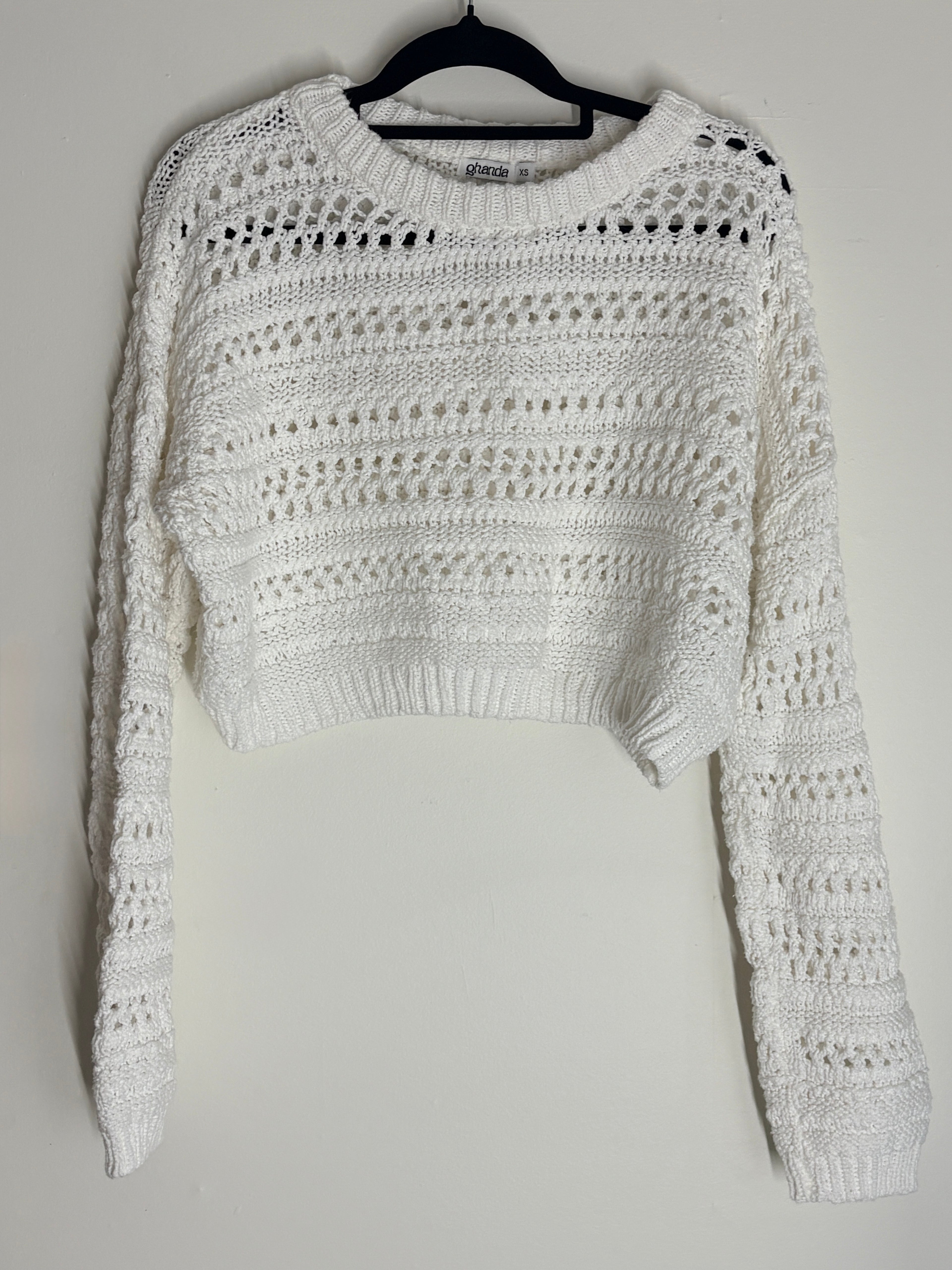 Ghanda Crochet Knit Long Sleeve Crop Top White XS - Image 5