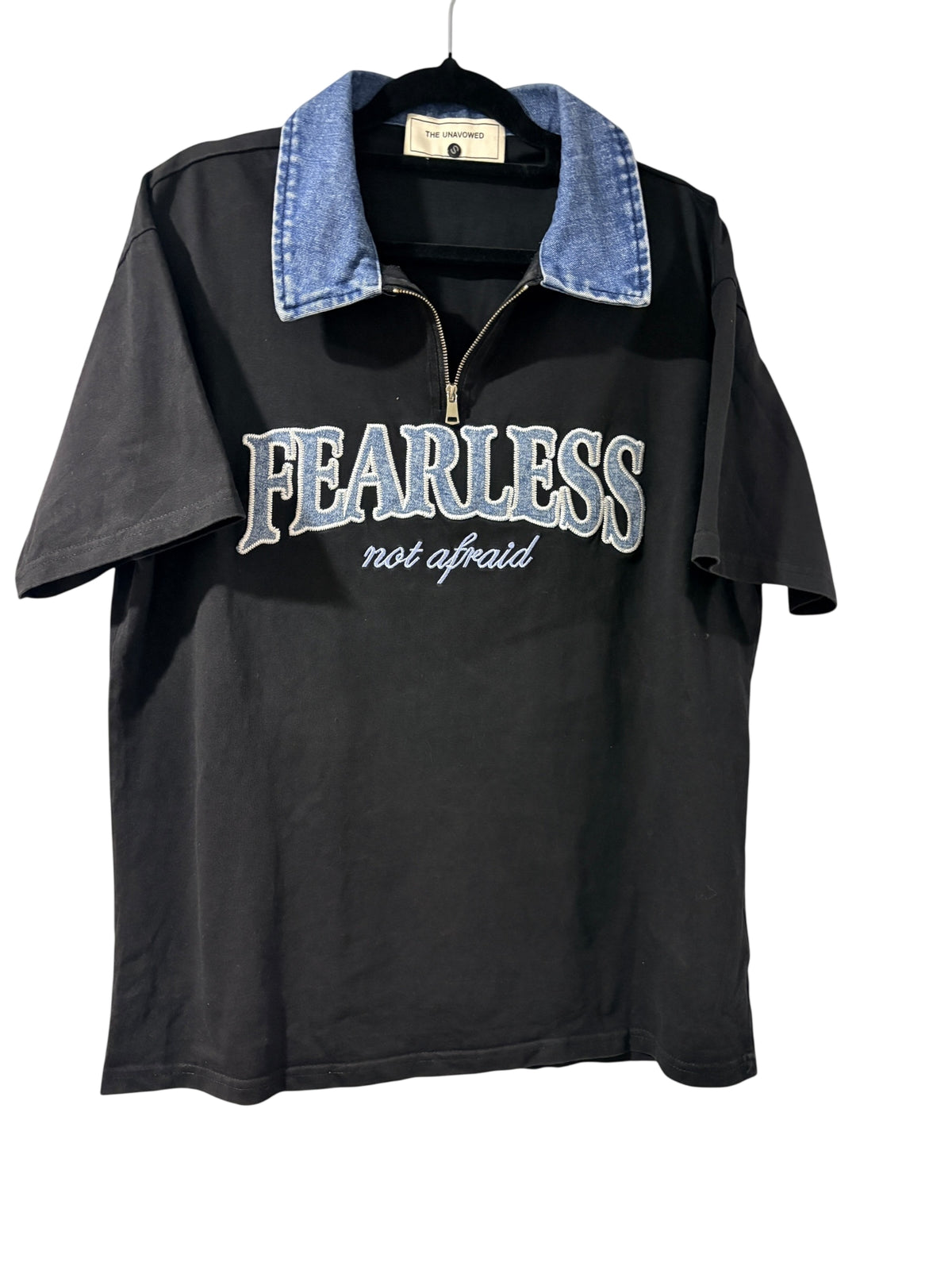 The Unavowed Quarter Zip T-Shirt Fearless Denim Collar Black Size S - Image 1