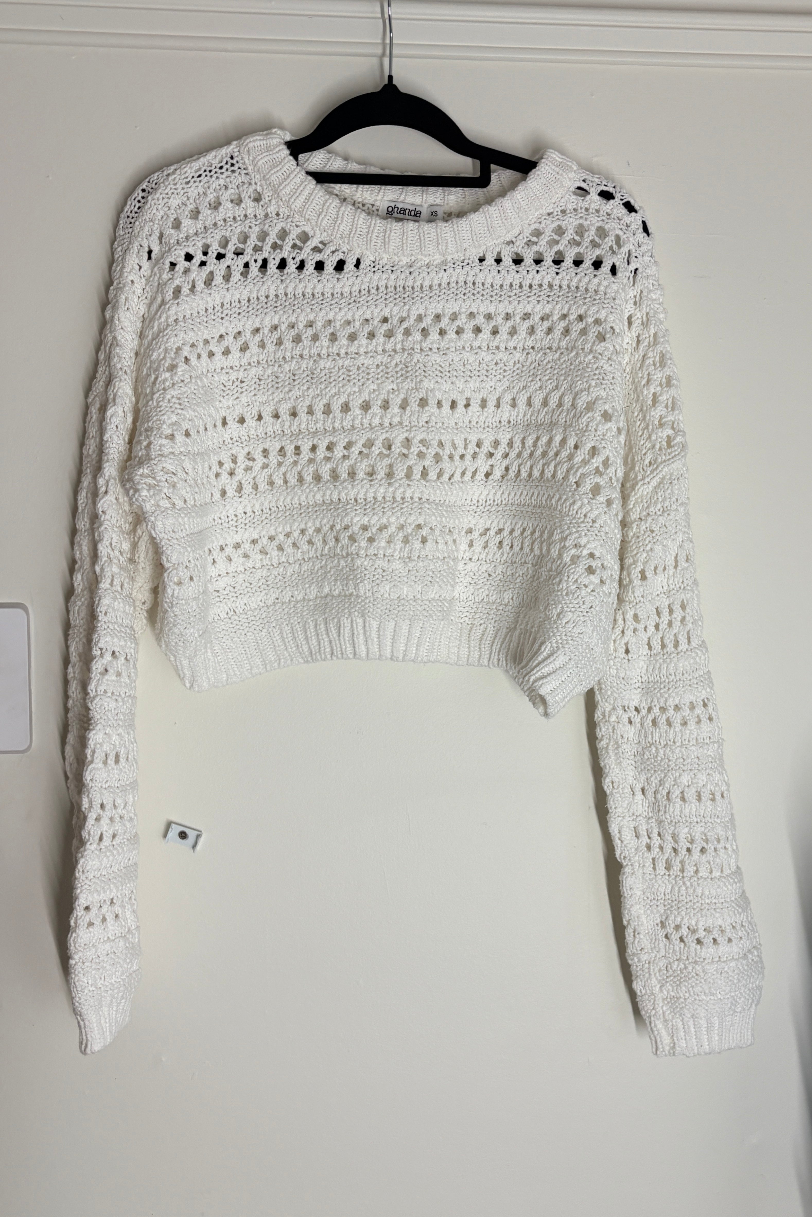 Ghanda Crochet Knit Long Sleeve Crop Top White XS - Image 6