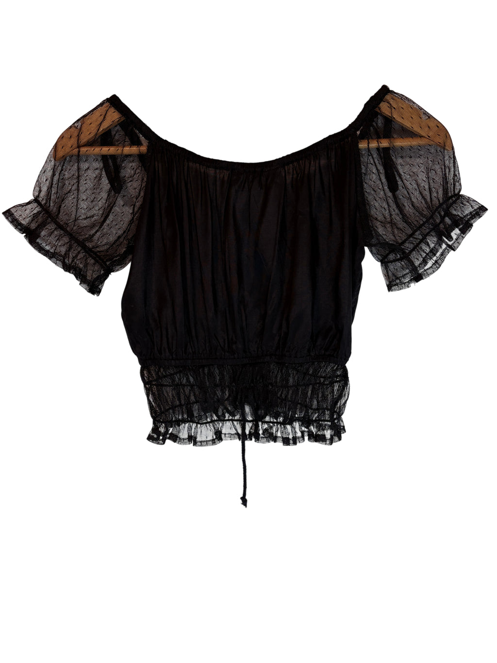 Tree of Life Off-Shoulder Crop Top Black Swiss Dot Mesh XS Y2K - Image 1