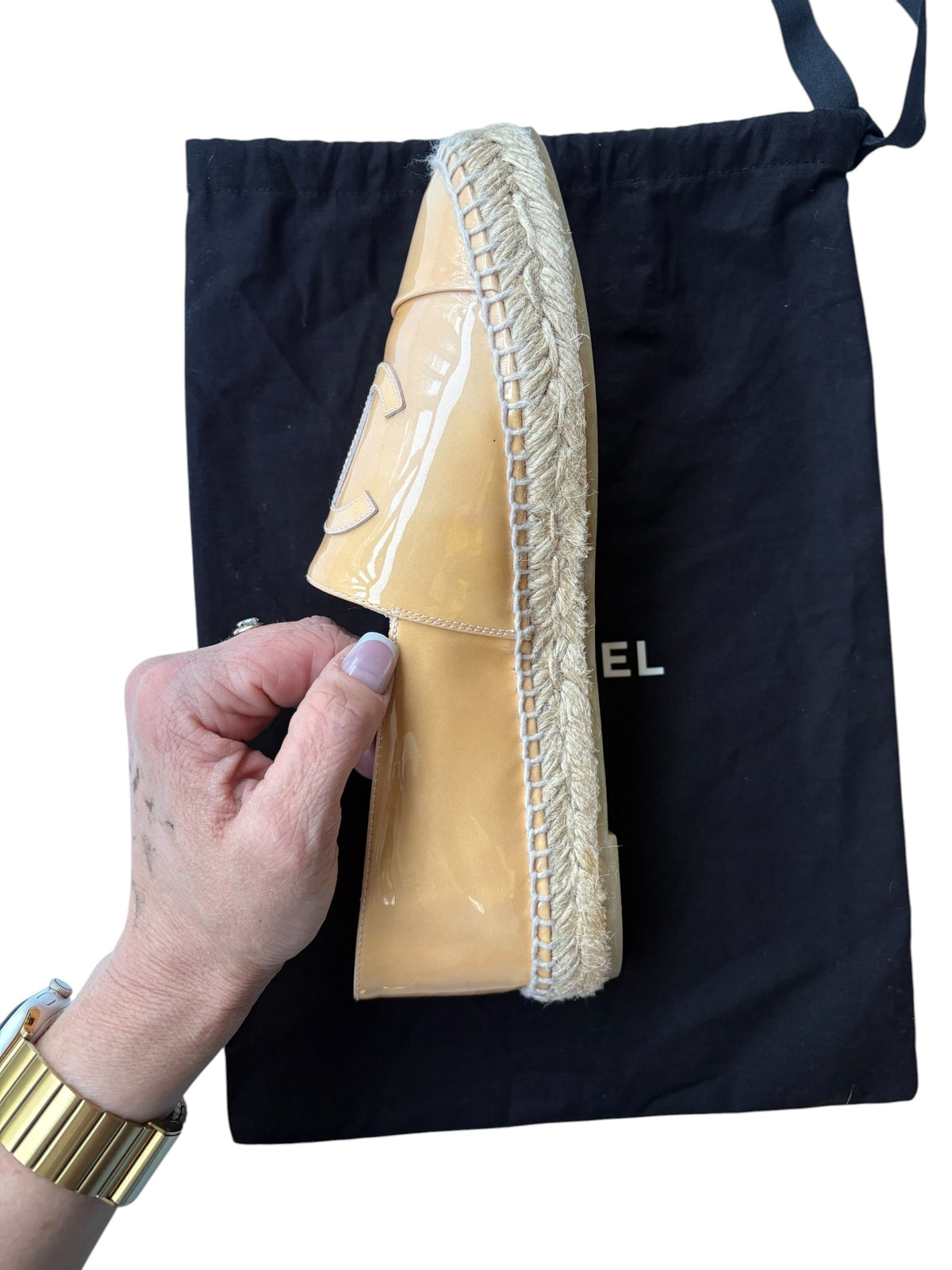 Chanel CC Logo Espadrilles - Beige Patent Leather Luxury Flats szie 39 - Image 9