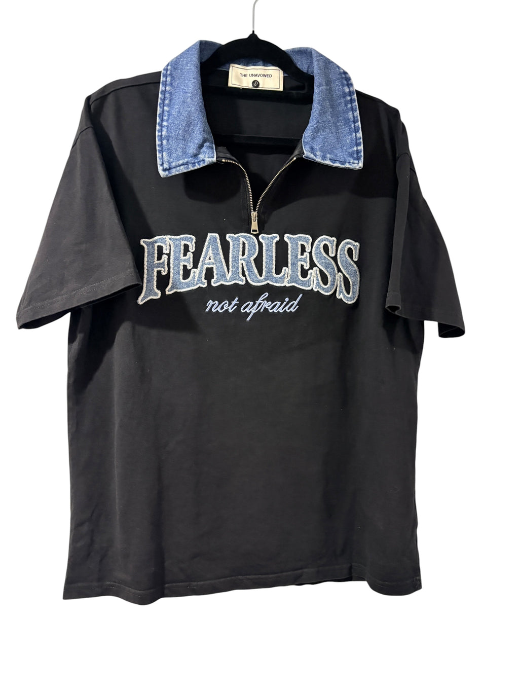 The Unavowed Quarter Zip T-Shirt Fearless Denim Collar Black Size S - Image 2