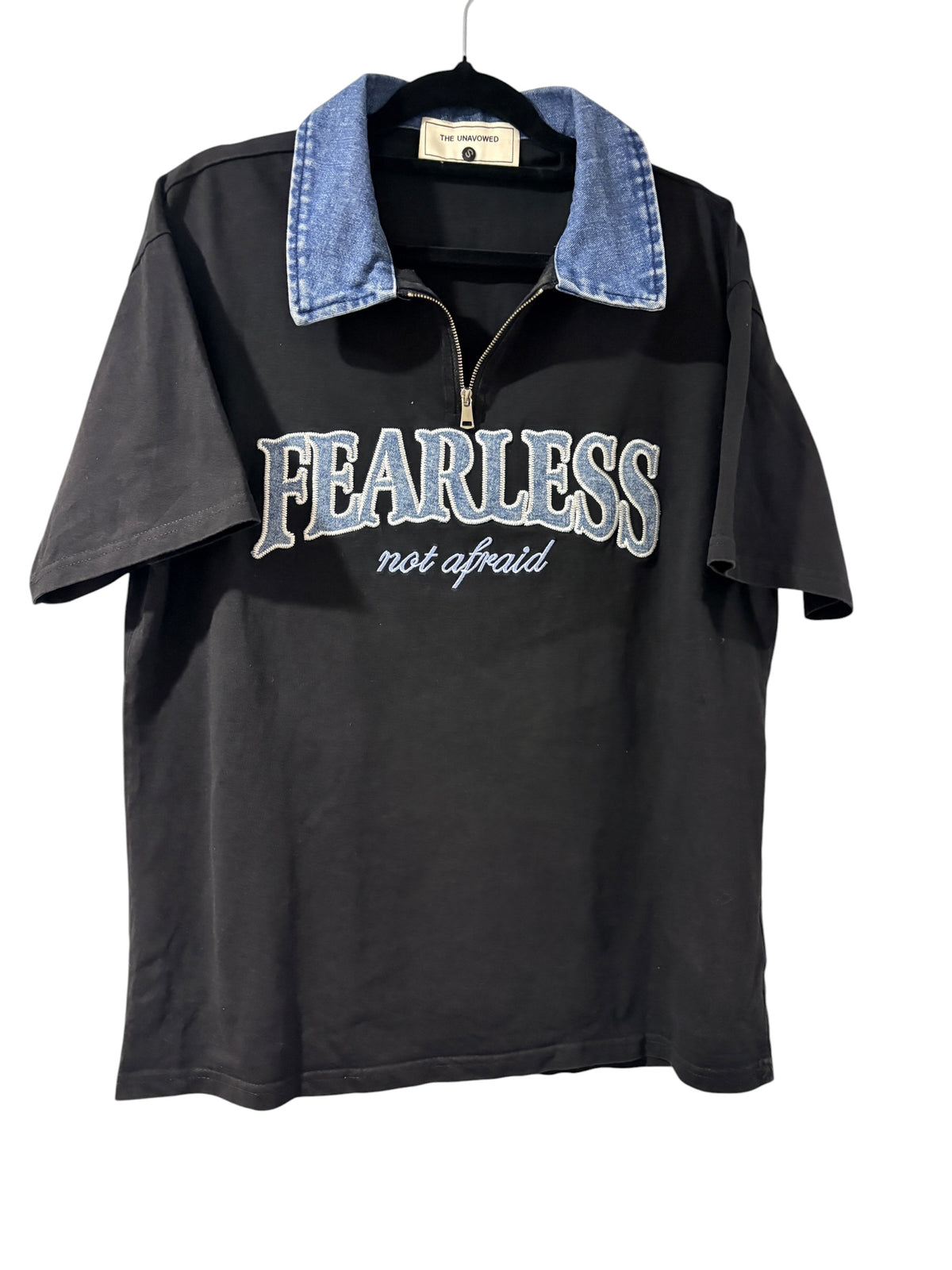 The Unavowed Quarter Zip T-Shirt Fearless Denim Collar Black Size S - Image 2