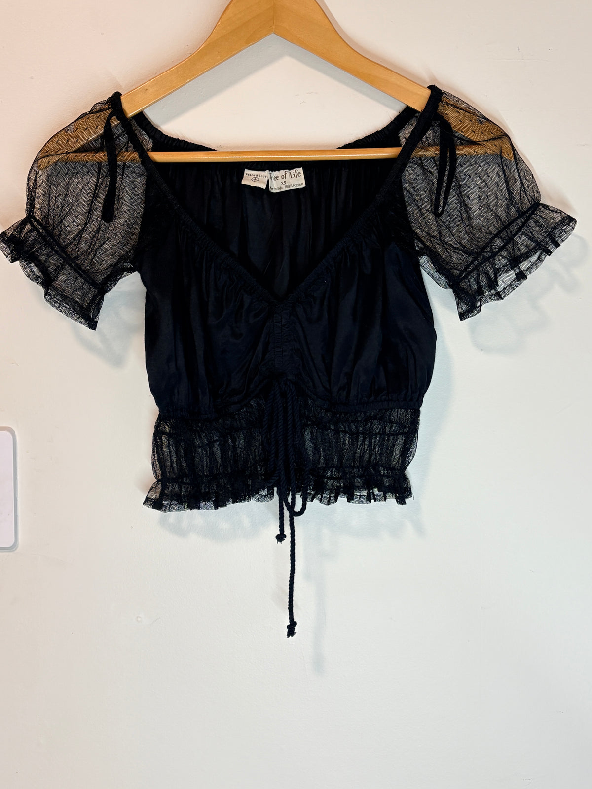 Tree of Life Off-Shoulder Crop Top Black Swiss Dot Mesh XS Y2K - Image 5