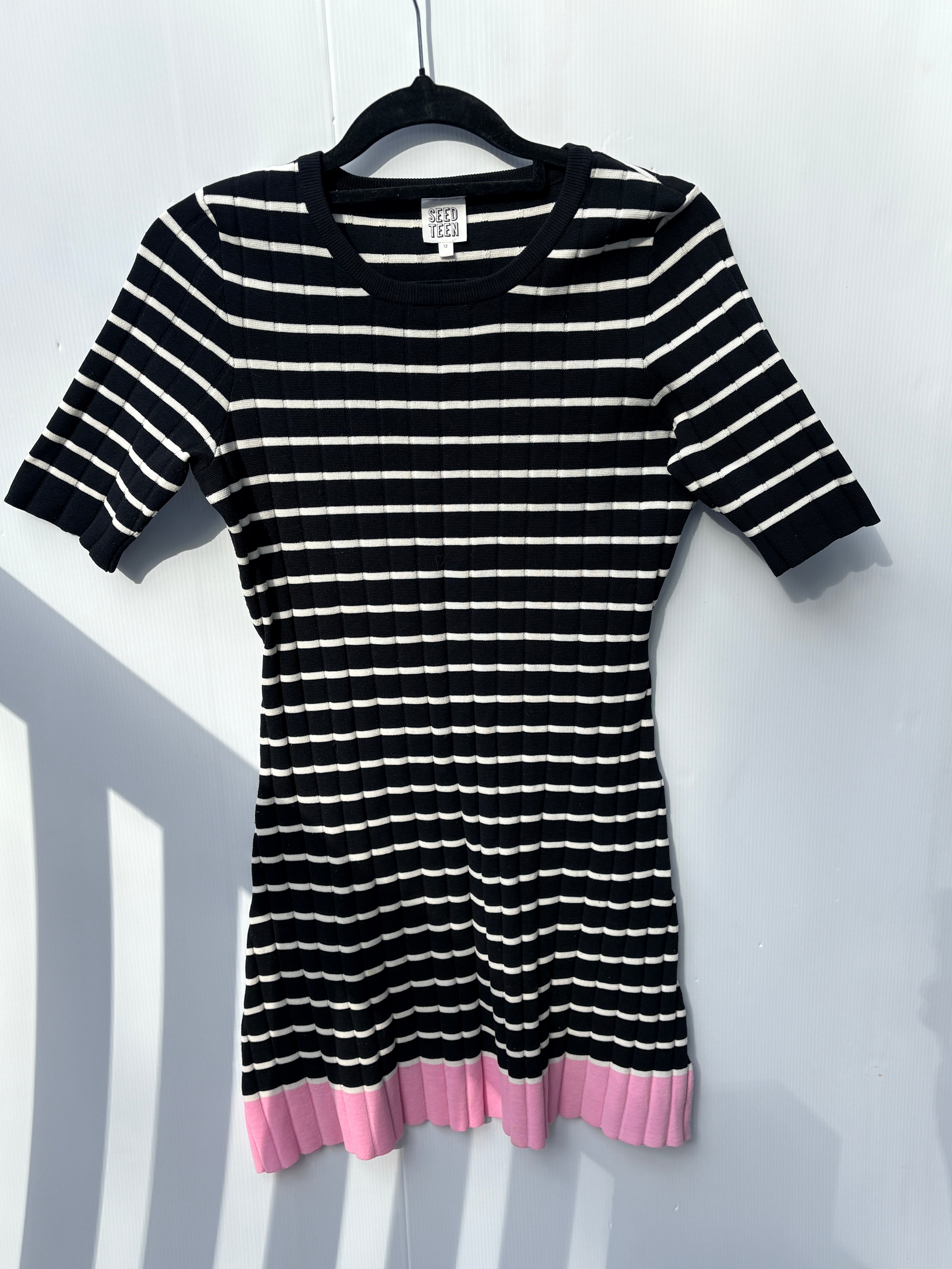 Seed Heritage Ribbed Knit Dress Black White Pink Hem Size 12 - Image 1