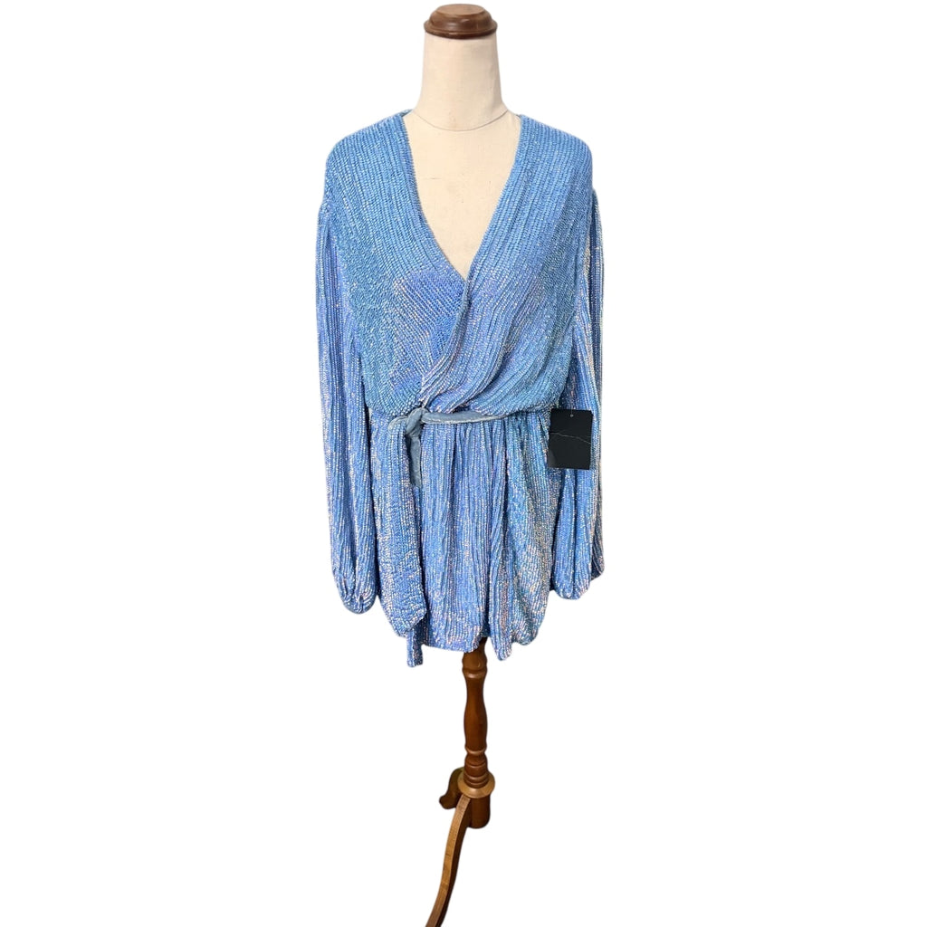 Retrofête Sequin Wrap Mini Dress Blue Long Sleeve - Image 1