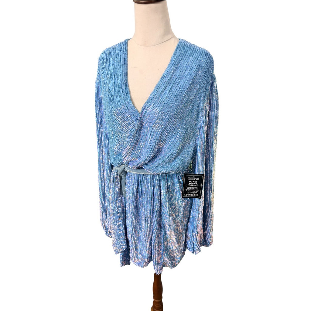 Retrofête Sequin Wrap Mini Dress Blue Long Sleeve - Image 2