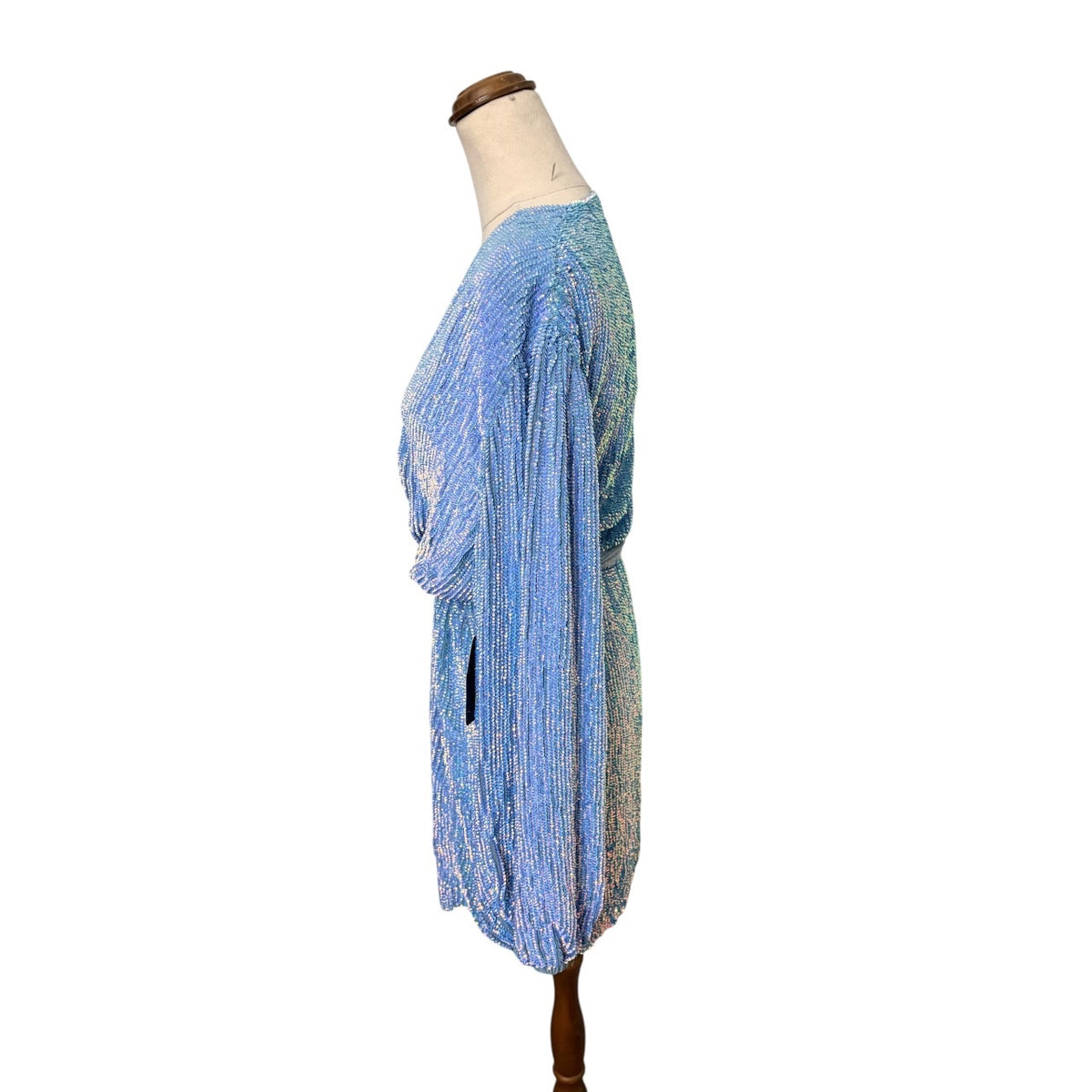 Retrofête Sequin Wrap Mini Dress Blue Long Sleeve - Image 3