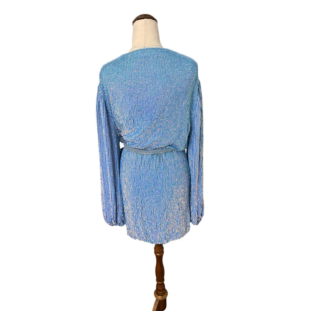 Retrofête Sequin Wrap Mini Dress Blue Long Sleeve - Image 4