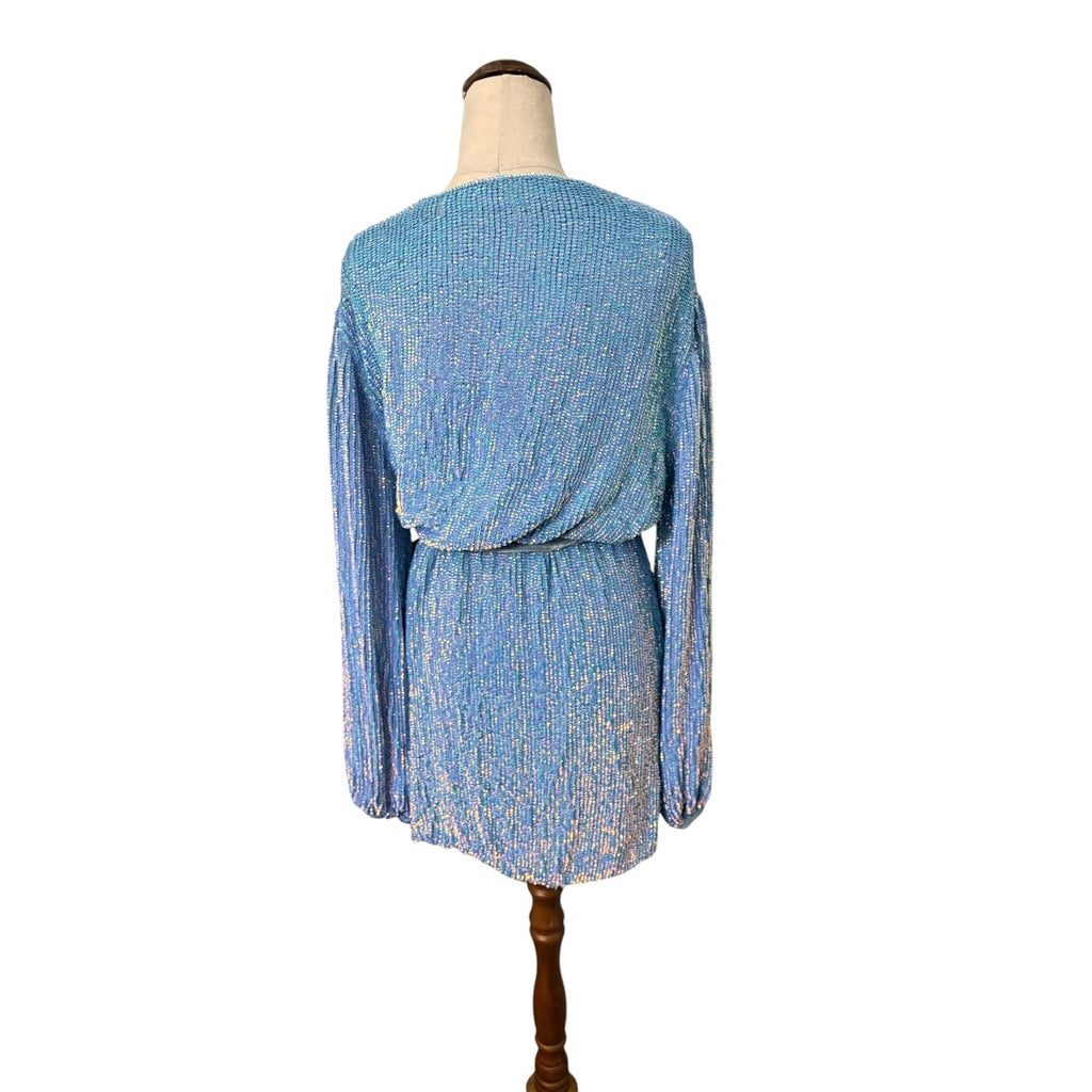 Retrofête Sequin Wrap Mini Dress Blue Long Sleeve - Image 5