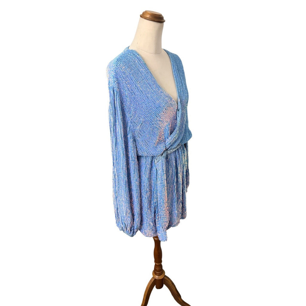 Retrofête Sequin Wrap Mini Dress Blue Long Sleeve - Image 6