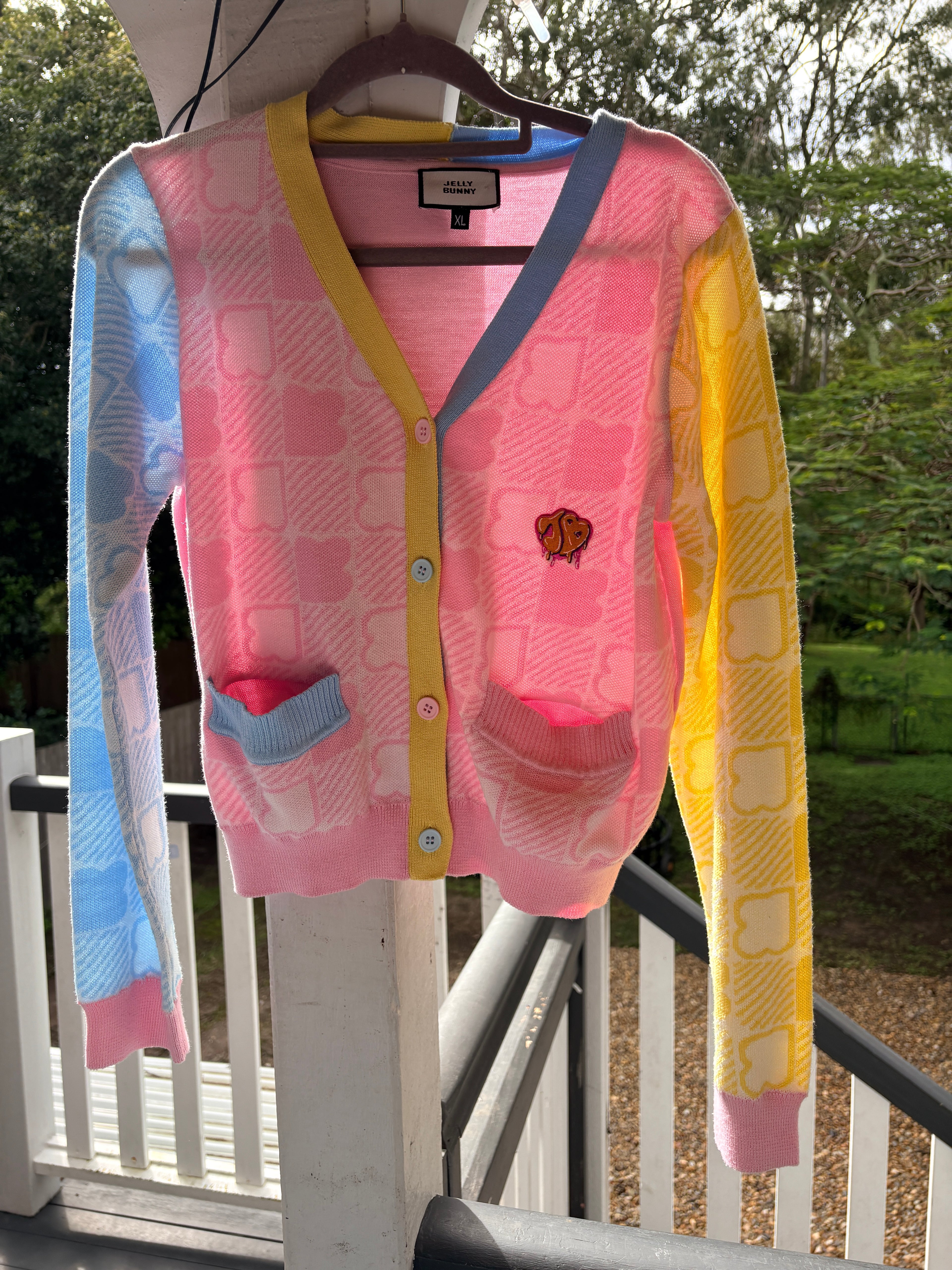 Jelly Bunny Knit Cardigan Pastel Checkered XL - Image 3