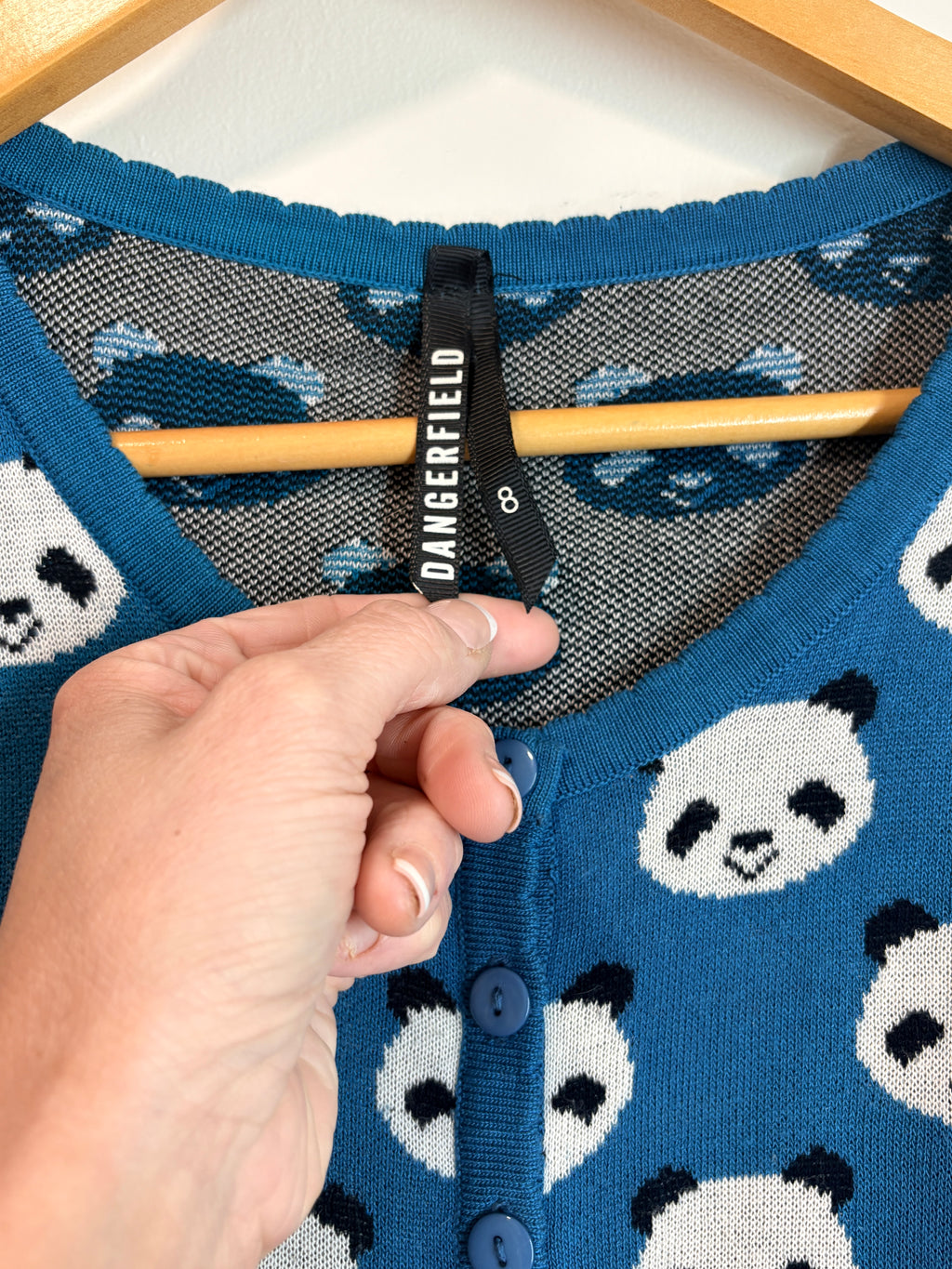 Dangerfield Panda Print Knit Short Sleeve Cardigan Blue Size 8 - Image 5