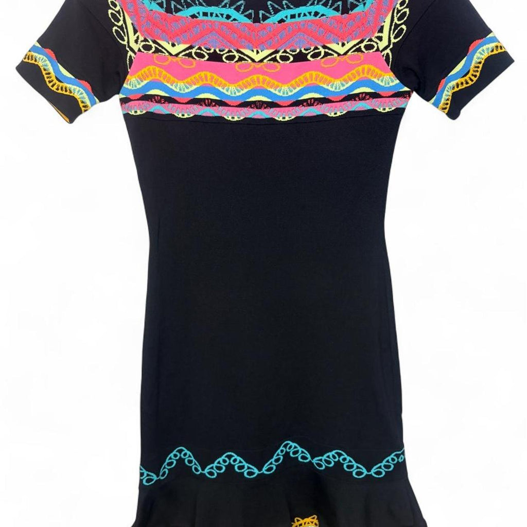 Peter Pilotto Black Dress With Colorful Geometric And Wavy Trim Patterns - Image 1